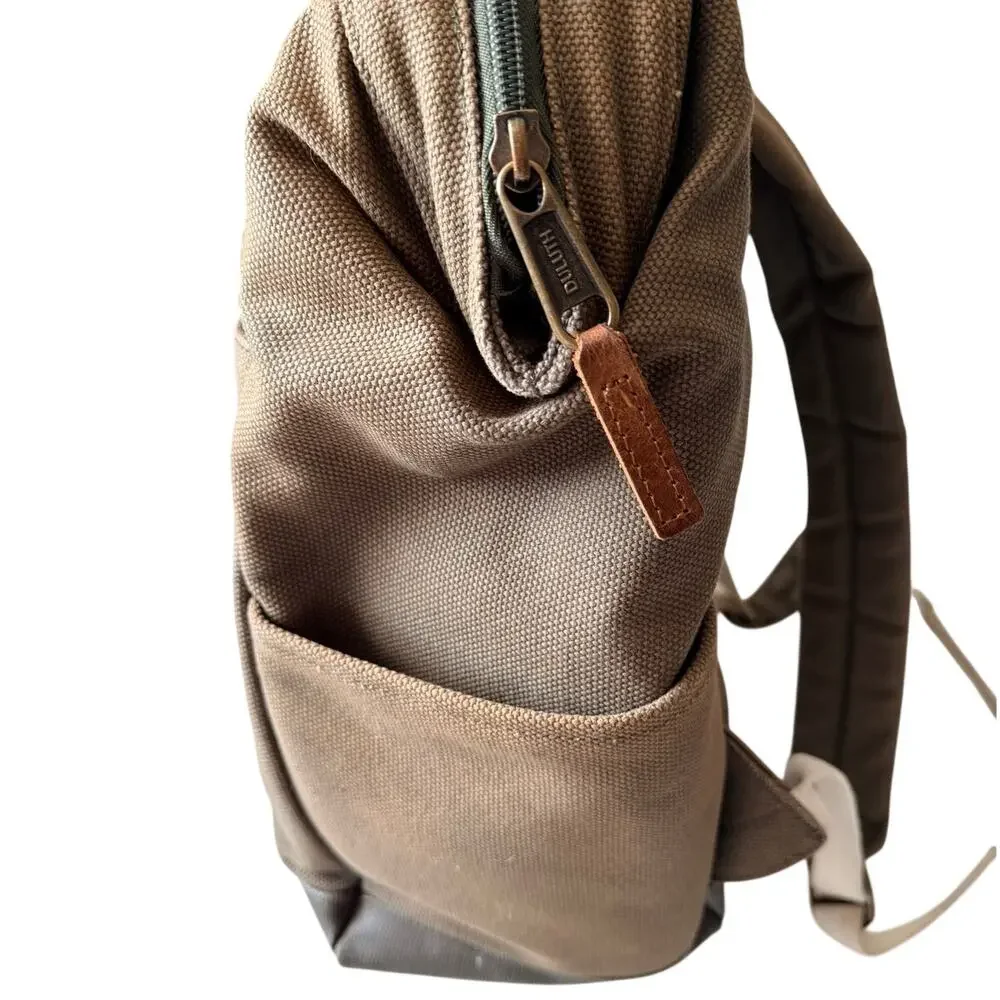 Duluth Trading Co Canvas Backpack Tote Khaki Leather Trim Laptop Travel Bag